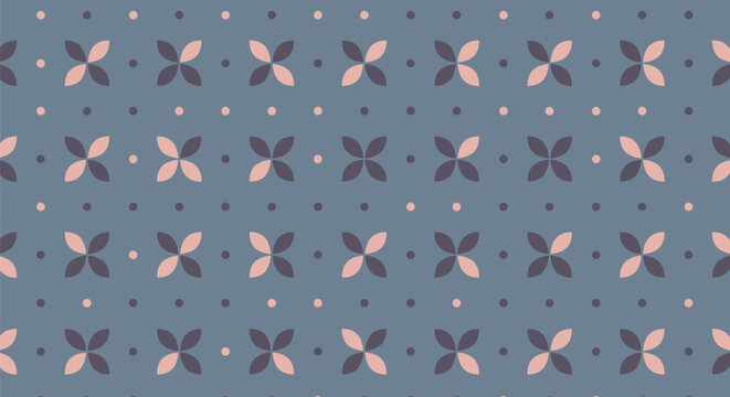 Floral petal pattern on slate blue background with small dots and four leaf clover motifs in pink and dark grey colors for retro textile design projects.