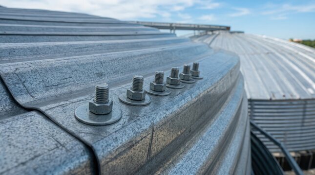 Roof detail with metal bolts and fasteners on steel structure under clear sky. Roof showcases durable elements with visible bolts that secure the sheets together.