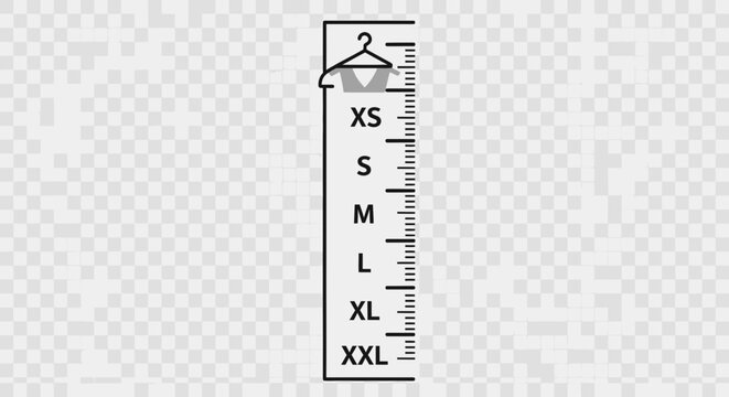 Minimalist vector graphic illustration showing clothing size chart and hanger