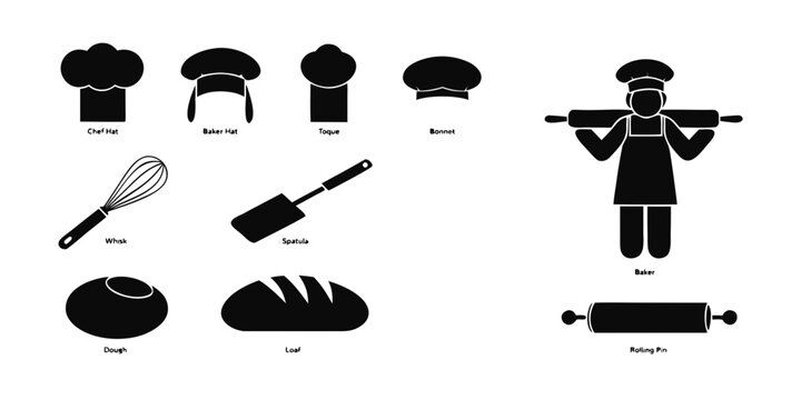 Professional set of chef and bakery icons featuring various hats, a baker character with a rolling pin, and kitchen utensils like whisk and spatula in a minimalist flat black vector style. vector