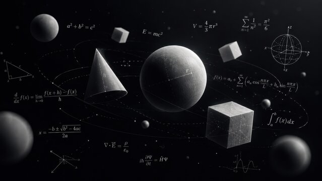 Abstract Mathematical Universe With Geometric Shapes And Scientific Formulas