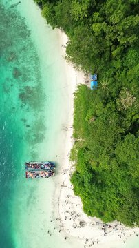 Top Down Aerial Along Jungle Island Beach With Tour Boat