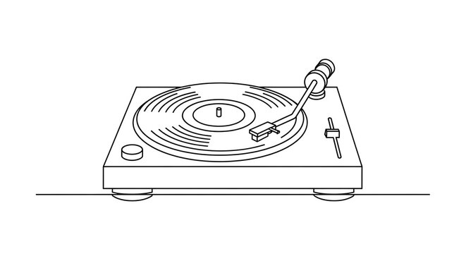 Retro vinyl record player turntable line art illustration, clean black and white DJ music equipment sketch, generative AI