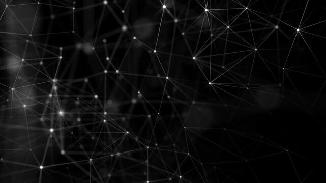 Minimalist black and white plexus network of digital data nodes and flashing information streams. Full HD and looping data network connections technology background.