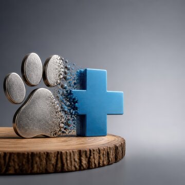 Hero image for pet care concept with dissolving paw print and medical cross