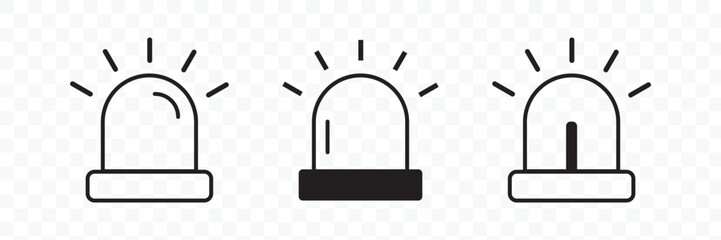 Siren and emergency light icons, warning signals, flashing alarm, police car, fire truck, ambulance, rescue light, alert device, safety symbols, vector illustrations for websites, apps, and safety. © Ankita