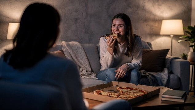 Two female friends chatting and eating pizza on a cozy sofa at night home