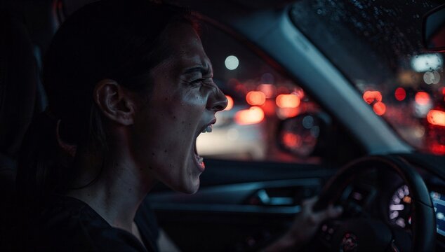 Emotional woman screaming alone inside a car as a safe space to release stress and anger