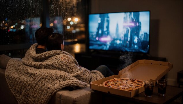 Cozy couple wrapped in a blanket watching movie on TV during a rainy night at home