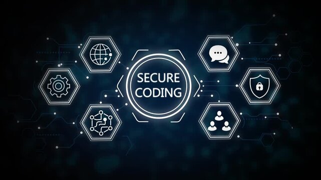 Cyber Developer Secure Coding Interface on Digital Screen, auditing source scripts. Implementing defensive programming to prevent vulnerabilities and Motion graphics of cyber attacks .