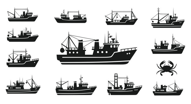 Fishing boat silhouettes and trawler icons for maritime industry
