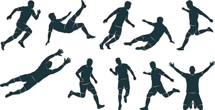 Soccer Player Silhouettes Collection Featuring Running, Kicking, Sliding, Goalkeeping and Celebration Sports Actions