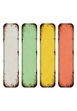 Set of Four Vintage Rusty Metal Vertical Banners in Different Colors Isolated on White Background for Design