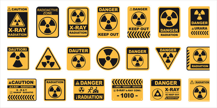 Collection of Radiation and Danger Warning Signs with Symbols and Text caution radioactive