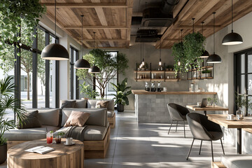Fototapeta premium Modern open-plan living room and dining area with natural wood finishes and lush indoor plants