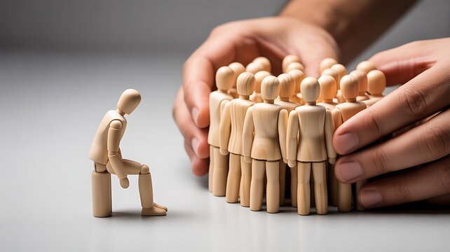 Sad wooden figure excluded from group. Concept of bullying, discrimination, isolation, loneliness, and mental health in society, workplace or school.