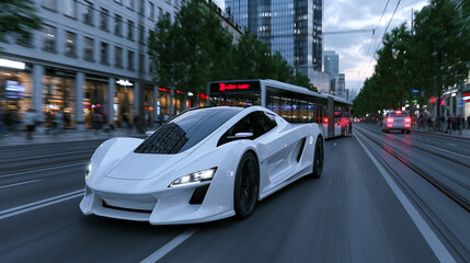 Fototapeta premium white sports car driving fast on city street with motion blur showing luxury automotive design and modern urban transport technology