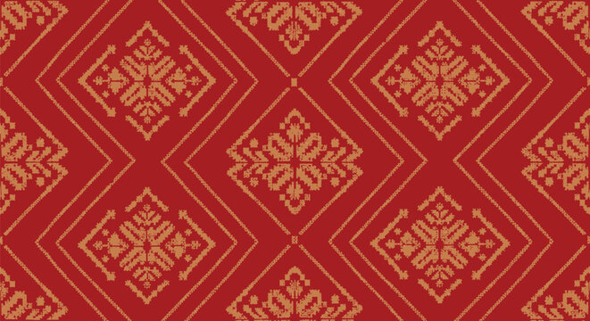 Traditional floral damask seamless pattern in deep red and beige luxury fabric texture wallpaper design ornate vintage embroidery motif ethnic textile print.