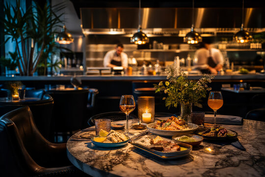 Photorealistic generative AI stock image of open kitchen bar in a modern restaurant with warm hospitality atmosphere and commercial food photography style