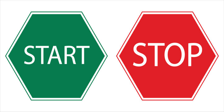 Green hexagon with START text and red hexagon with STOP text on white background start stop