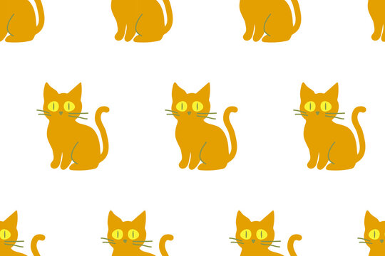 Seamless pattern featuring a seated orange cat, minimalistic flat vector pet illustration for children's textile design.