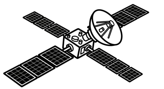 Satellite with solar panels and parabolic antenna orbits Earth in high-contrast black-and-white technical illustration.