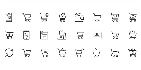 Set of black outline icons for online shopping and e-commerce on white background shopping cart trolley © Mst