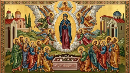 Assumption of Mary Byzantine Orthodox Religious Icon Painting