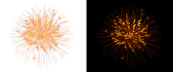Fototapeta premium Golden firework explosion isolated on black and white backgrounds, festive pyrotechnic burst for celebration, glowing orange firework sparks
