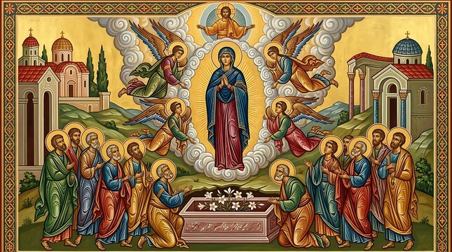 Assumption of Mary Byzantine Orthodox Religious Icon Painting