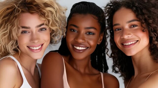 Three diverse women with varying skin tones and curly hair smile radiantly against a neutral background. Their natural beauty is highlighted, emphasizing inclusivity and confidence. They exude joy.
