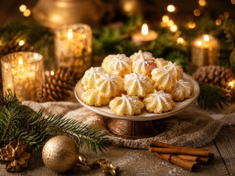 Butterw&ouml;lkchen mit feinem Puderzucker auf dekorierter Weihnachtstafel. Beliebtes deutsches Weihnachtsgeb&auml;ck f&uuml;r Advent, Familienfeiern und festliche Winterabende.