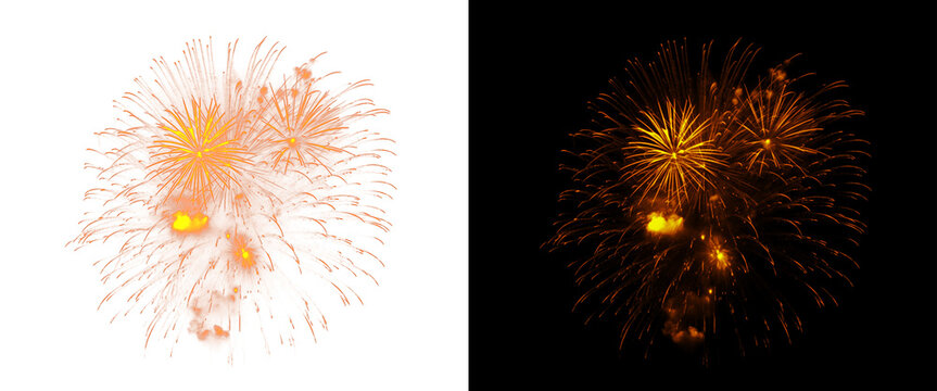 Golden fireworks explosion isolated on white and black background, festive pyrotechnic display, glowing orange firework sparks for holiday celebration