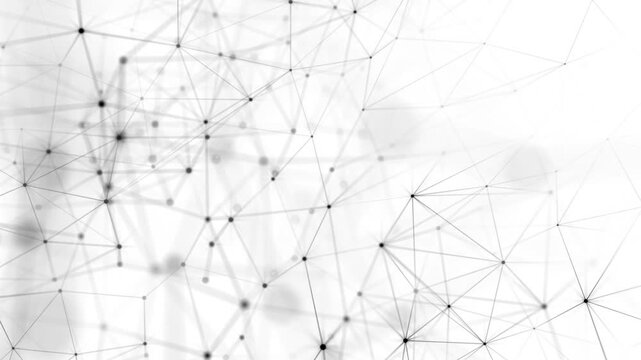 Minimalist grayscale plexus network of digital data nodes and information streams. Full HD and looping data network connections technology background.