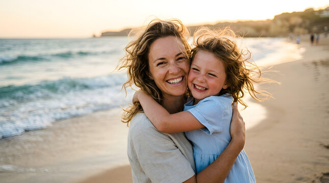 Happy mother and daughter hugging on the beach during golden hour sunset