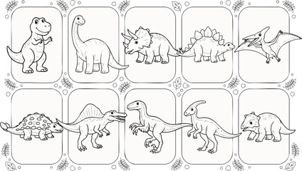 Cute dinosaur cartoon flashcards for children learning prehistoric animals collection coloring page style vector images. © Zahangir