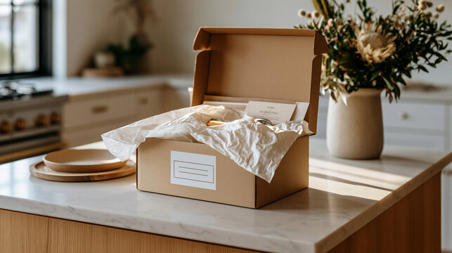 Flat-lay of a subscription box opened on a kitchen island, blank kraft packaging with a peel-off label template, tissue paper and product inserts arranged neatly inside,