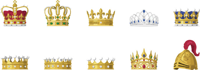 Elaborate gold crowns and tiaras with precious gems and intricate designs for royal occasions. © Zahangir
