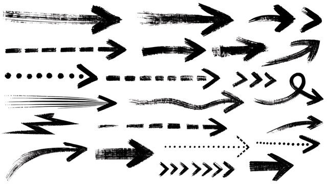 Hand Drawn Grunge Directional Arrows Set, Brush Stroke Navigation Symbols, Dashed Timeline Paths and Flow Chart Pointer Collection Textured Charcoal Directional Flow Icons Sheet Isolated Sketch Matrix