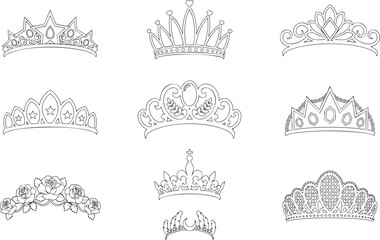 Elegant princess tiaras and crowns set for coloring book page royal headwear jewelry collection line art vector style. © Zahangir