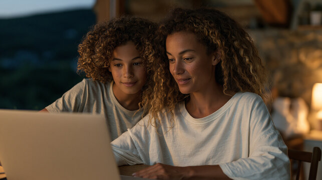 Parent and child at a kitchen table use a homework help AI chat on a shared laptop during an August evening, the AI breaking down a science assignment into illustrated