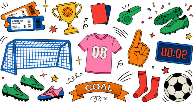 Set of soccer elements, football equipment, trophy, goal, ball, tickets, whistle, red card, uniform, cleats, socks, foam finger, scoreboard, handdrawn doodle style