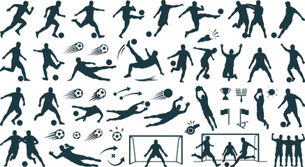 Fototapeta premium Soccer Player Silhouettes Collection Featuring Football Actions, Goalkeeper Saves, Kicking, Dribbling and Match Elements