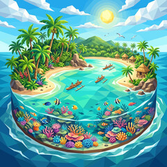 Naklejka premium Tropical island paradise, ocean view, underwater coral reef, vibrant ecosystem