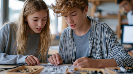 Fototapeta premium Two teenage students collaborate on a soldering project at a school maker space workbench, circuit boards and component trays spread neatly across the surface as an instructor