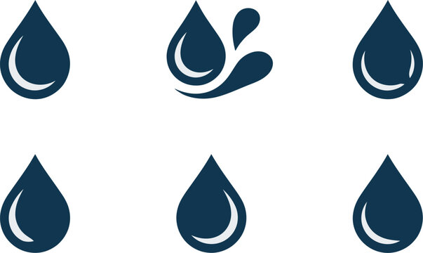 Water drops, symbols, liquid droplet icons representing hydration moisture purity rainfall and water conservation concepts for environmental and utility graphics.