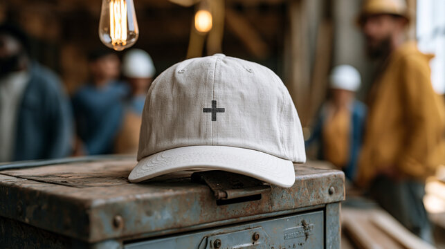 hat cap logo mockup resting on aged metal toolbox in industrial setting, warm indoor lighting from overhead filament bulb, multicultural group of construction workers blurred in