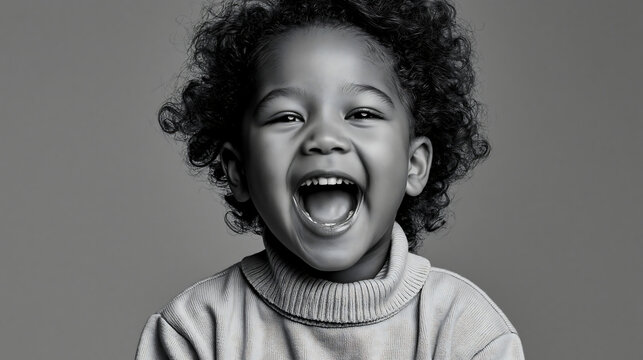 classic monochrome image capturing candid laughter of happy young boy ideal for family portrait photography and childhood