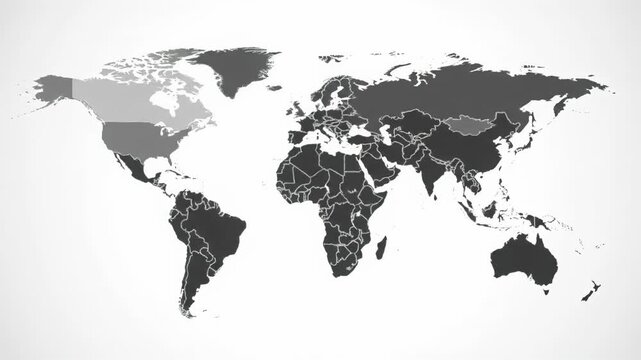 A static wide video of a minimalist, flat 2D greyscale world map unfolding with precise vector lines on a pure white backdrop. Global geography visualization concept