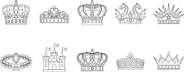 Obraz premium Set of king and queen crowns, black and white outline. hand drawn royal crown collection. sketch doodle style vector.